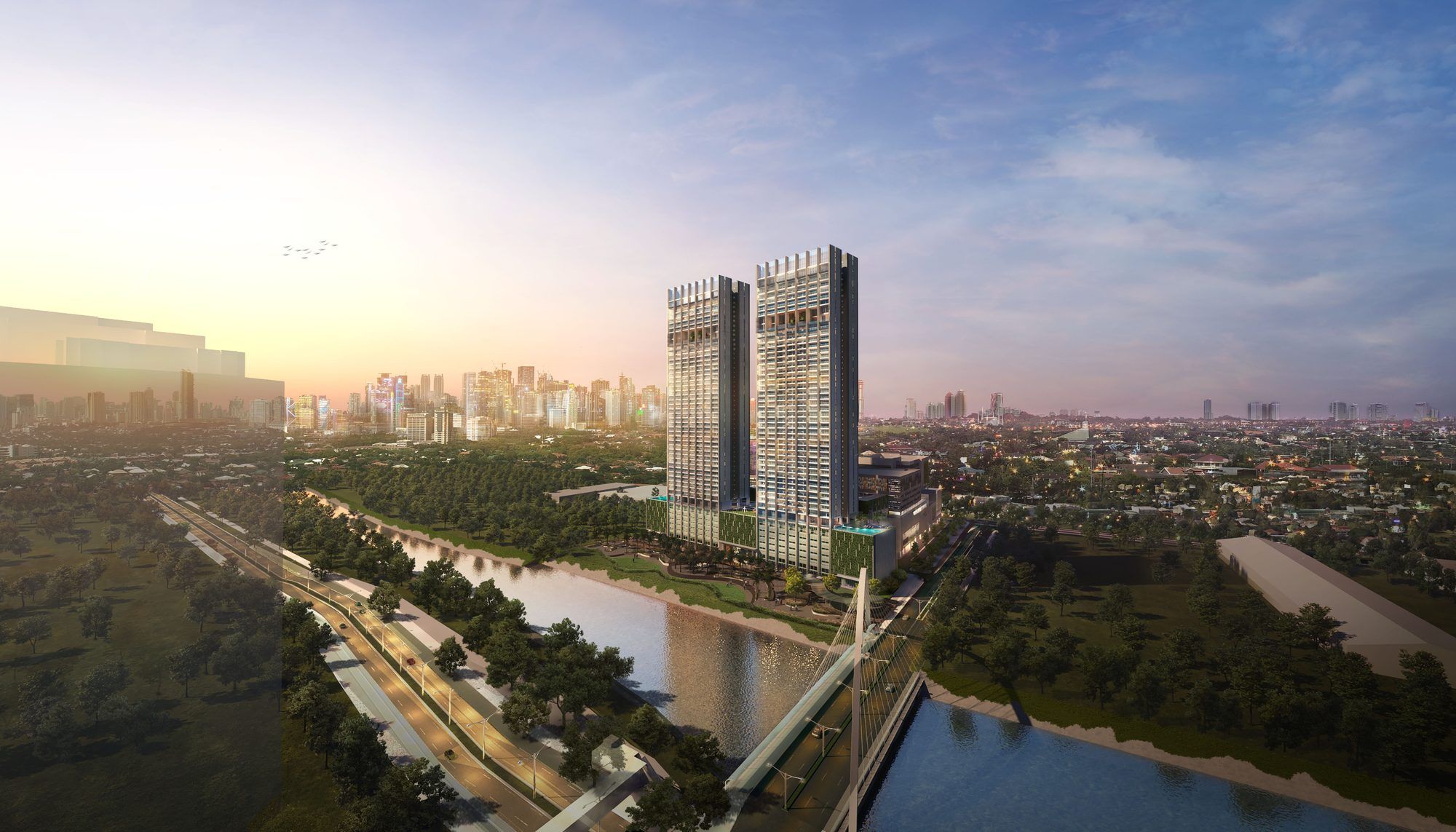 Parklinks North and South Tower seen above the Pasig River, with the estate bridge and the Metro Manila skyline beyond.